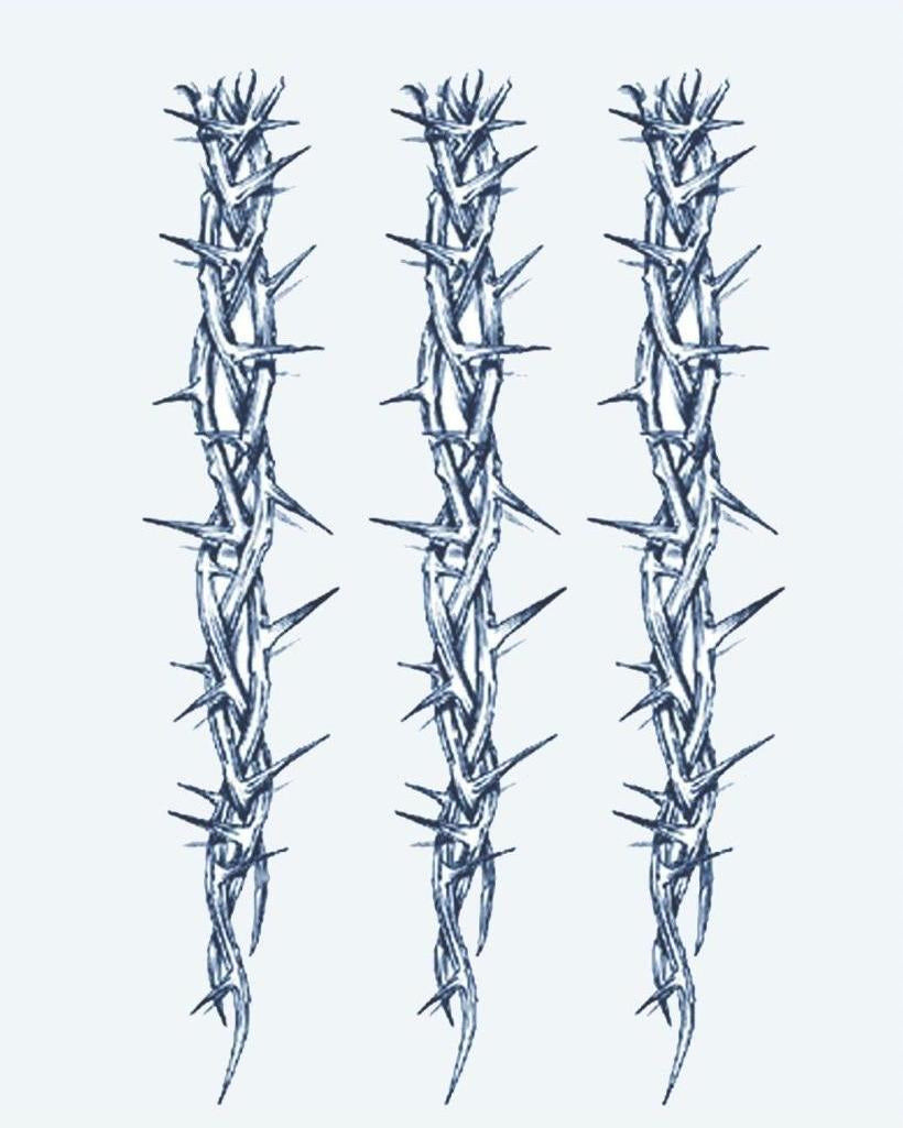 Thorn Vine Bands semi-permanent tattoo design by INKON – three, vertical, thorn, vine, strands illustration, 4 x 7 in (10x17cm), available at inkon.co
