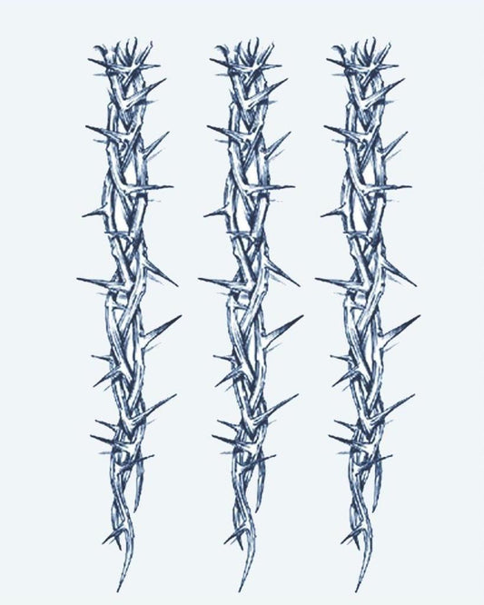 Thorn Vine Bands semi-permanent tattoo design by INKON – three, vertical, thorn, vine, strands illustration, 4 x 7 in (10x17cm), available at inkon.co