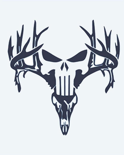 Deer Skull with Antlers semi-permanent tattoo design by INKON – menacing, skull, fused, deer, large illustration, 2 x 2 in (5x5cm), available at inkon.co