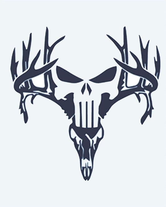 Deer Skull with Antlers semi-permanent tattoo design by INKON – menacing, skull, fused, deer, large illustration, 2 x 2 in (5x5cm), available at inkon.co