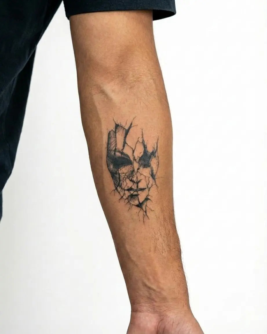 INKON Cracked Face semi-permanent tattoo applied on a man – 3 x 4 in (7x10cm) design, realistic ink look, lasts 10 days