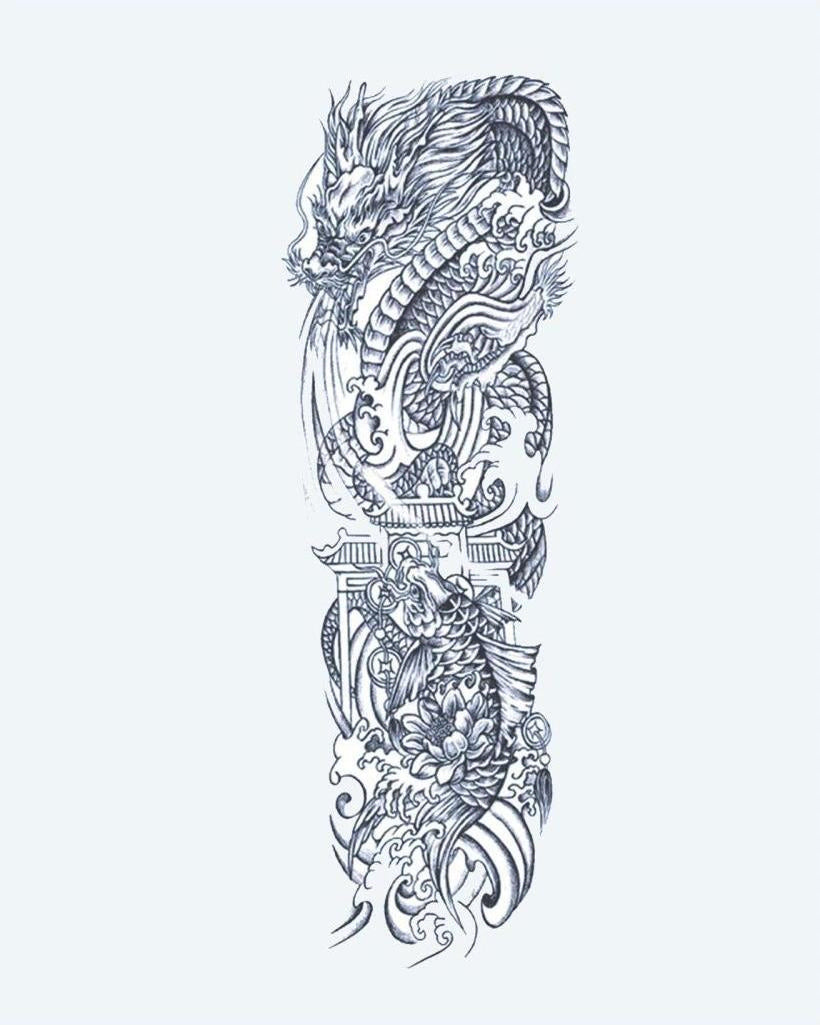 Dragon & Koi Fish semi-permanent tattoo design by INKON – majestic, japanese, full, sleeve, dragon illustration, 8 x 20 in (20x50cm), available at inkon.co