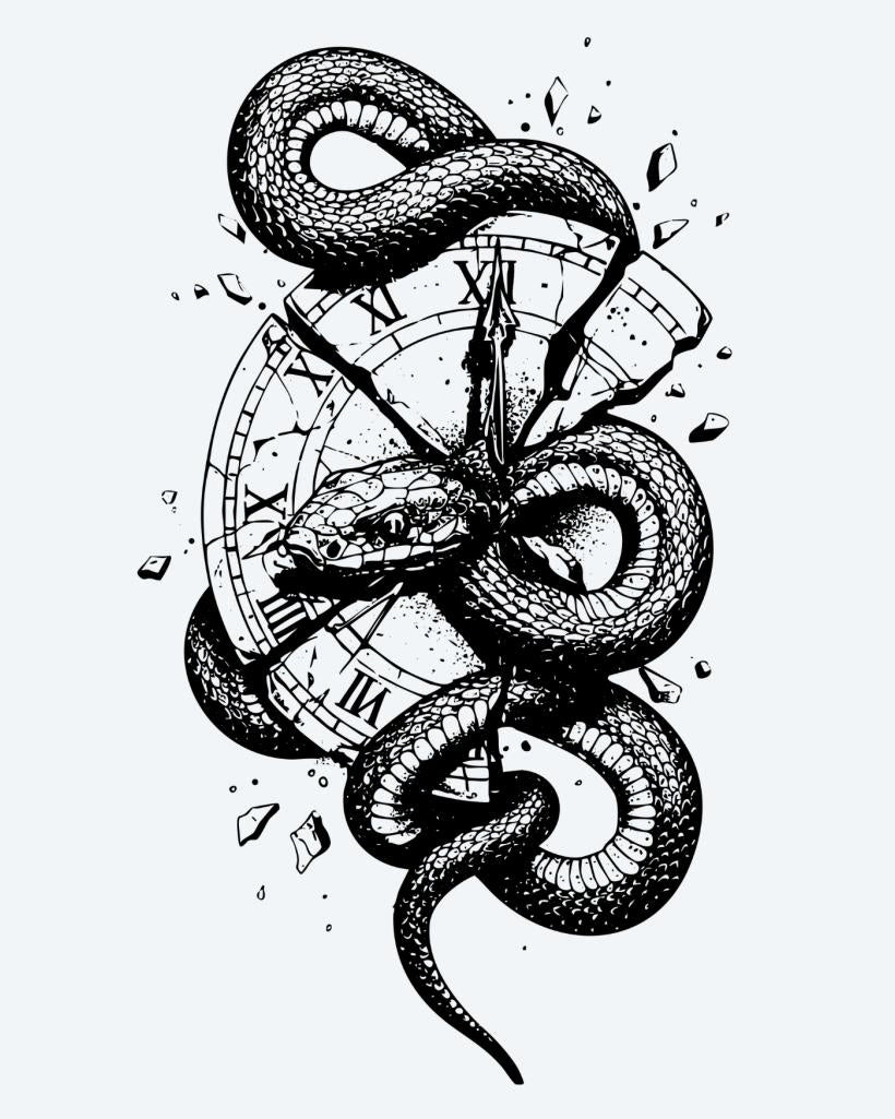Snake & Shattered Clock semi-permanent tattoo design by INKON – serpent, coiled, breaking, roman, numeral illustration, 4 x 7 in (10x17cm), available at inkon.co