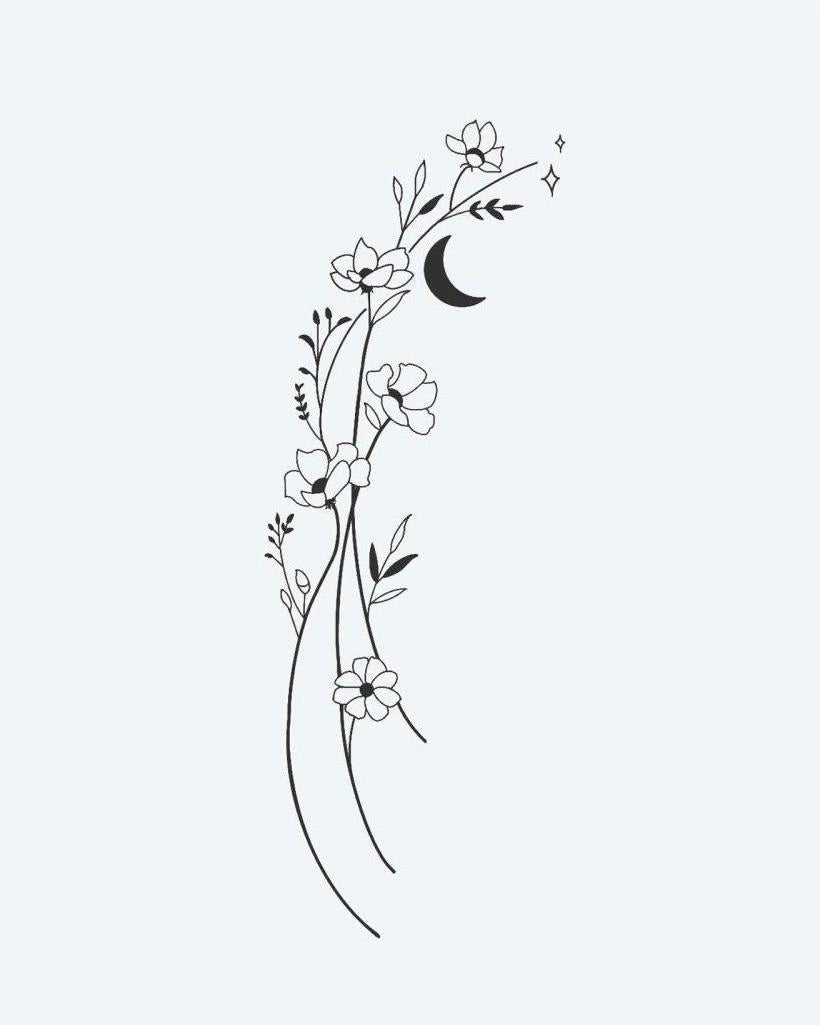 Floral Moon Vine semi-permanent tattoo design by INKON – delicate, fine, line, flowing, vine illustration, 3 x 4 in (6x11cm), available at inkon.co