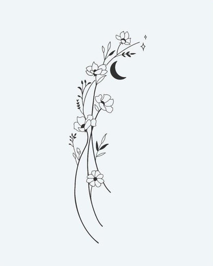 Floral Moon Vine semi-permanent tattoo design by INKON – delicate, fine, line, flowing, vine illustration, 3 x 4 in (6x11cm), available at inkon.co