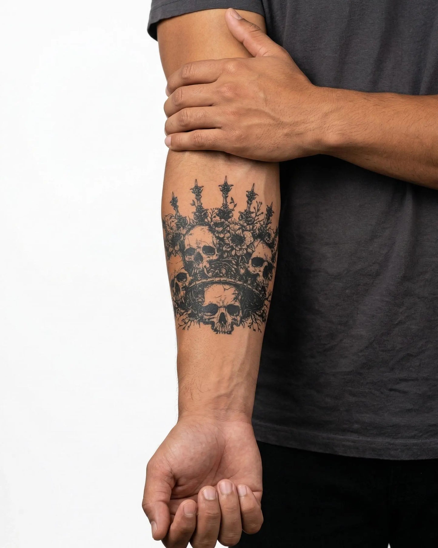 INKON Skull Crown semi-permanent tattoo applied on a man – 4 x 4 in (9x9cm) design, realistic ink look, lasts 10 days