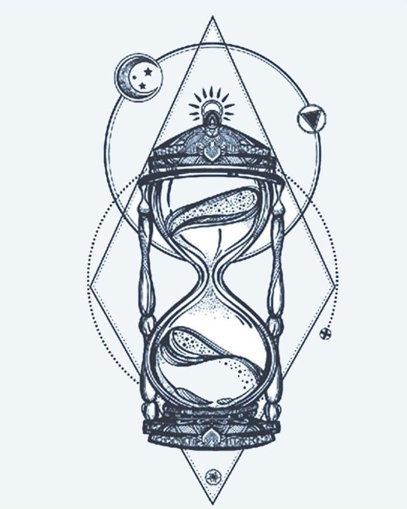 Cosmic Hourglass semi-permanent tattoo design by INKON – ornate, hourglass, framed, geometric, shapes illustration, 4 x 7 in (10x17cm), available at inkon.co