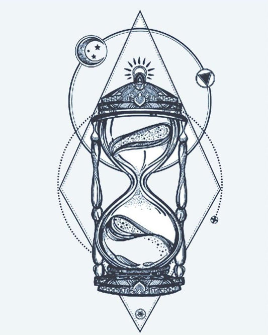 Cosmic Hourglass semi-permanent tattoo design by INKON – ornate, hourglass, framed, geometric, shapes illustration, 4 x 7 in (10x17cm), available at inkon.co