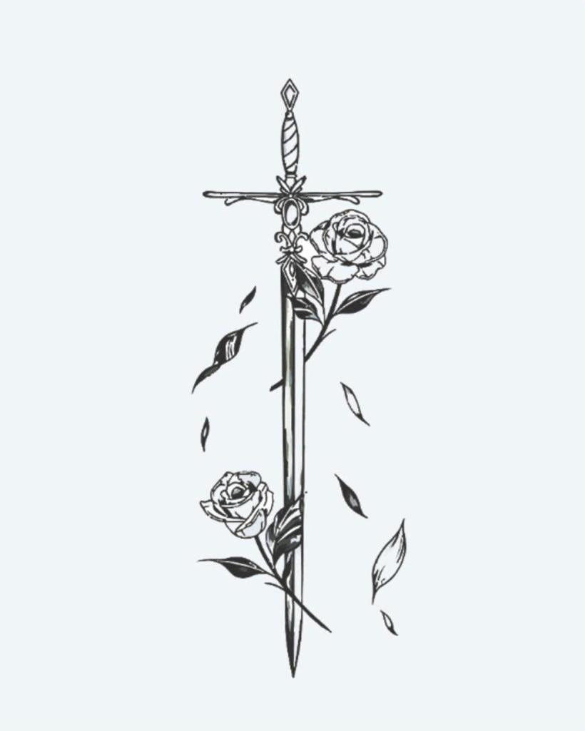 Sword & Roses semi-permanent tattoo design by INKON – sword, adorned, delicate, roses, falling illustration, 4 x 7 in (10x17cm), available at inkon.co