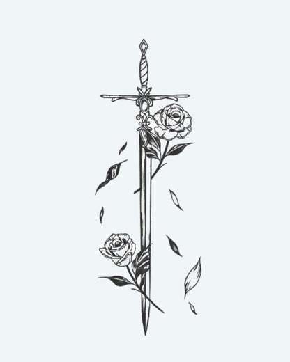 Sword & Roses semi-permanent tattoo design by INKON – sword, adorned, delicate, roses, falling illustration, 4 x 7 in (10x17cm), available at inkon.co