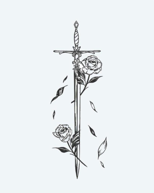 Sword & Roses semi-permanent tattoo design by INKON – sword, adorned, delicate, roses, falling illustration, 4 x 7 in (10x17cm), available at inkon.co