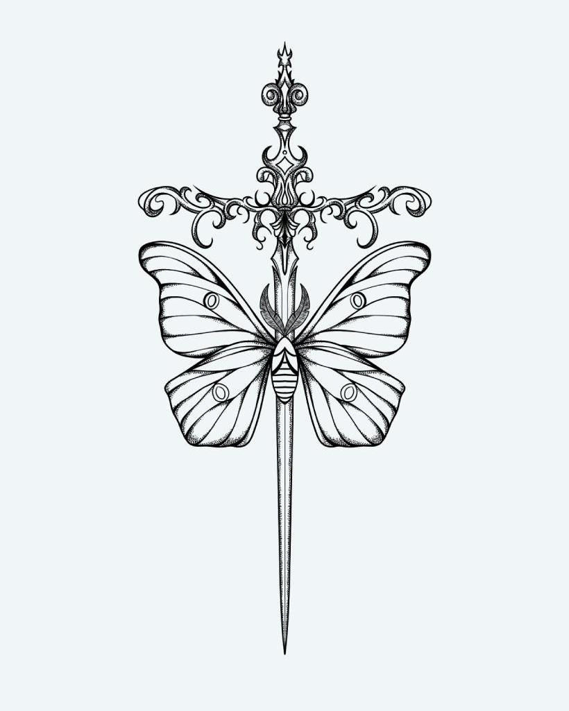Moth & Ornate Dagger semi-permanent tattoo design by INKON – fine, line, blackwork, details, ornate illustration, 4 x 8 in (11x21cm), available at inkon.co