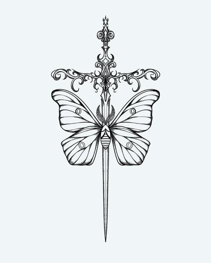 Moth & Ornate Dagger semi-permanent tattoo design by INKON – fine, line, blackwork, details, ornate illustration, 4 x 8 in (11x21cm), available at inkon.co