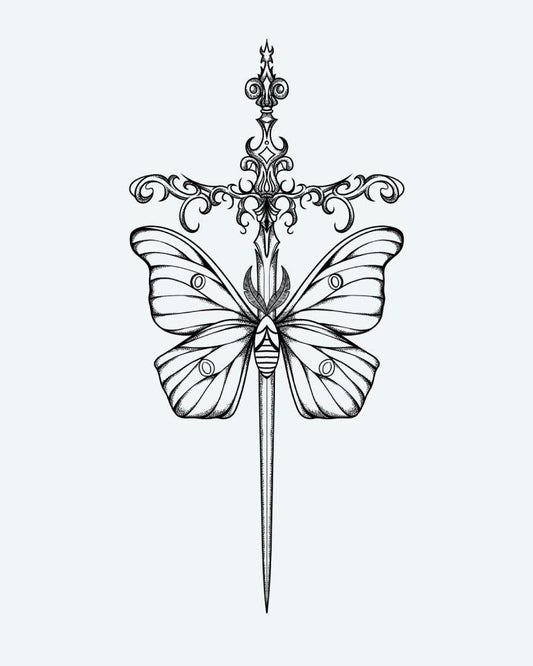 Moth & Ornate Dagger semi-permanent tattoo design by INKON – fine, line, blackwork, details, ornate illustration, 4 x 8 in (11x21cm), available at inkon.co