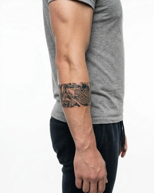 INKON Koi Fish & Lotus Waves semi-permanent tattoo applied on a man – 2 x 9 in (5x23cm) design, realistic ink look, lasts 10 days