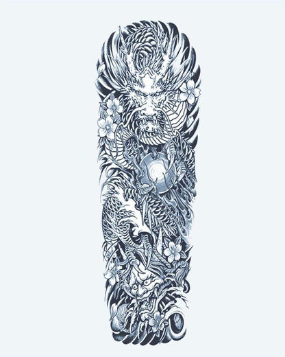 Japanese Dragon & Pearl semi-permanent tattoo design by INKON – japanese, full, sleeve, roaring, dragon illustration, 8 x 20 in (20x50cm), available at inkon.co