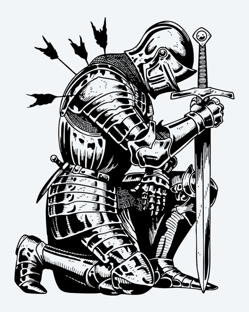 Fallen Knight semi-permanent tattoo design by INKON – kneeling, medieval, knight, full, armor illustration, 4 x 7 in (10x17cm), available at inkon.co