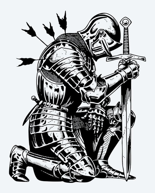 Fallen Knight semi-permanent tattoo design by INKON – kneeling, medieval, knight, full, armor illustration, 4 x 7 in (10x17cm), available at inkon.co