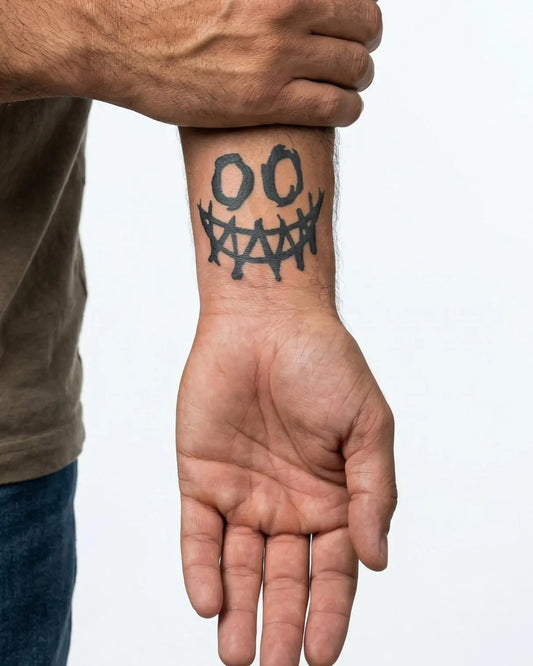 INKON Creepy Smile semi-permanent tattoo applied on a man – 2 x 2 in (5x5cm) design, realistic ink look, lasts 10 days