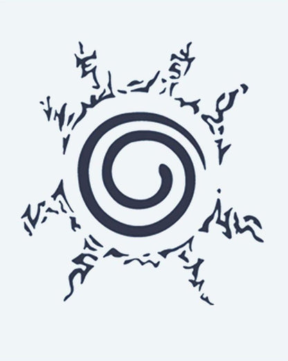 Spiral Seal semi-permanent tattoo design by INKON – spiral, surrounded, jagged, flame, rays illustration, 2 x 2 in (5x5cm), available at inkon.co