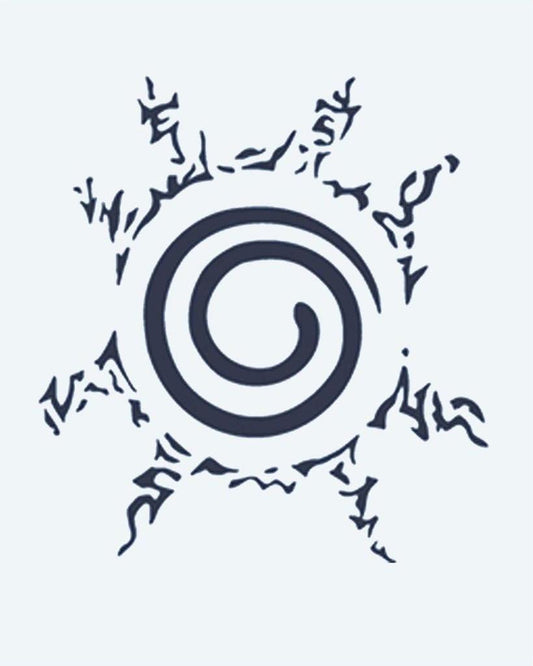 Spiral Seal semi-permanent tattoo design by INKON – spiral, surrounded, jagged, flame, rays illustration, 2 x 2 in (5x5cm), available at inkon.co