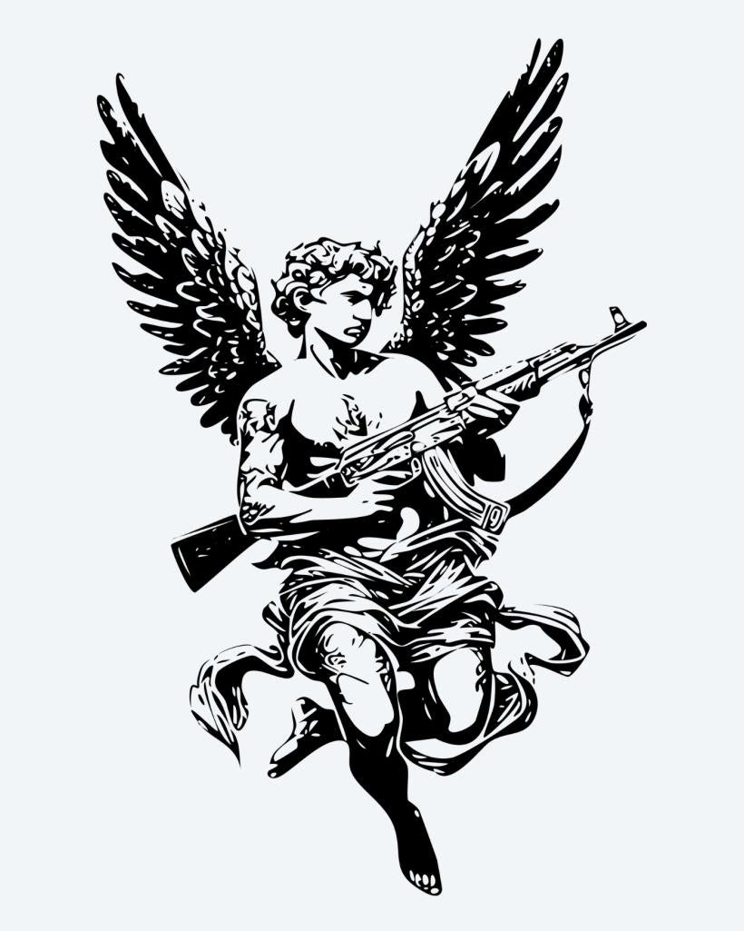 Armed Cherub semi-permanent tattoo design by INKON – winged, cherub, angel, wielding, rifle illustration, 4 x 7 in (10x17cm), available at inkon.co