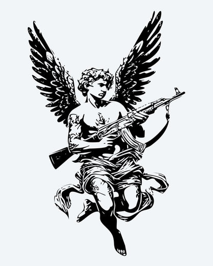 Armed Cherub semi-permanent tattoo design by INKON – winged, cherub, angel, wielding, rifle illustration, 4 x 7 in (10x17cm), available at inkon.co
