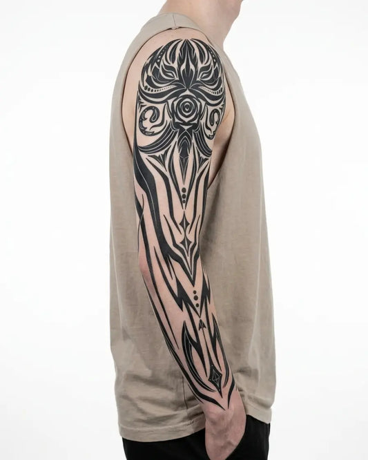 INKON Tribal Owl Totem semi-permanent tattoo applied on a man – 8 x 20 in (20x50cm) design, realistic ink look, lasts 10 days