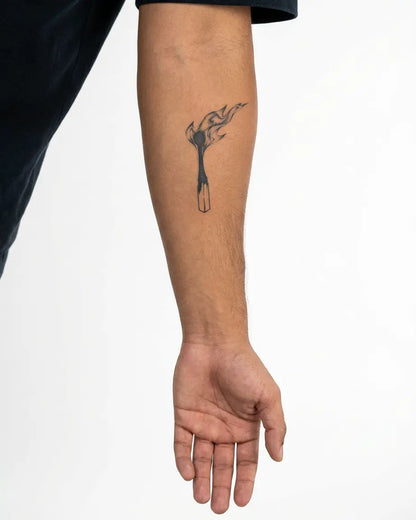 INKON Burning Matchstick semi-permanent tattoo applied on a man – 3 x 4 in (7x10cm) design, realistic ink look, lasts 10 days
