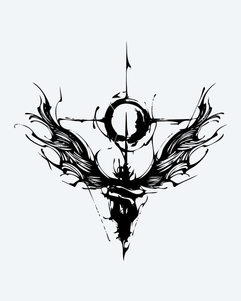 Abstract Angel Cross semi-permanent tattoo design by INKON – abstract, cross, crescent, sweeping, wings illustration, 4 x 4 in (9x9cm), available at inkon.co
