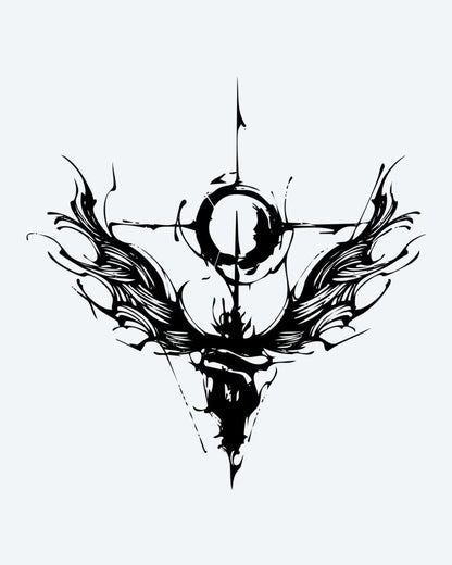 Abstract Angel Cross semi-permanent tattoo design by INKON – abstract, cross, crescent, sweeping, wings illustration, 4 x 4 in (9x9cm), available at inkon.co