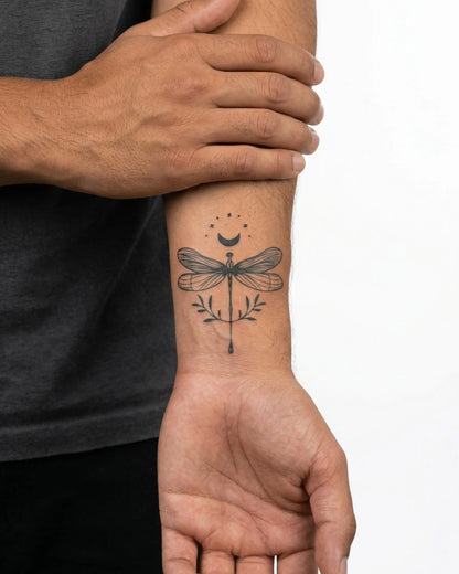 INKON Celestial Dragonfly semi-permanent tattoo applied on a man – 3 x 4 in (6x11cm) design, realistic ink look, lasts 10 days