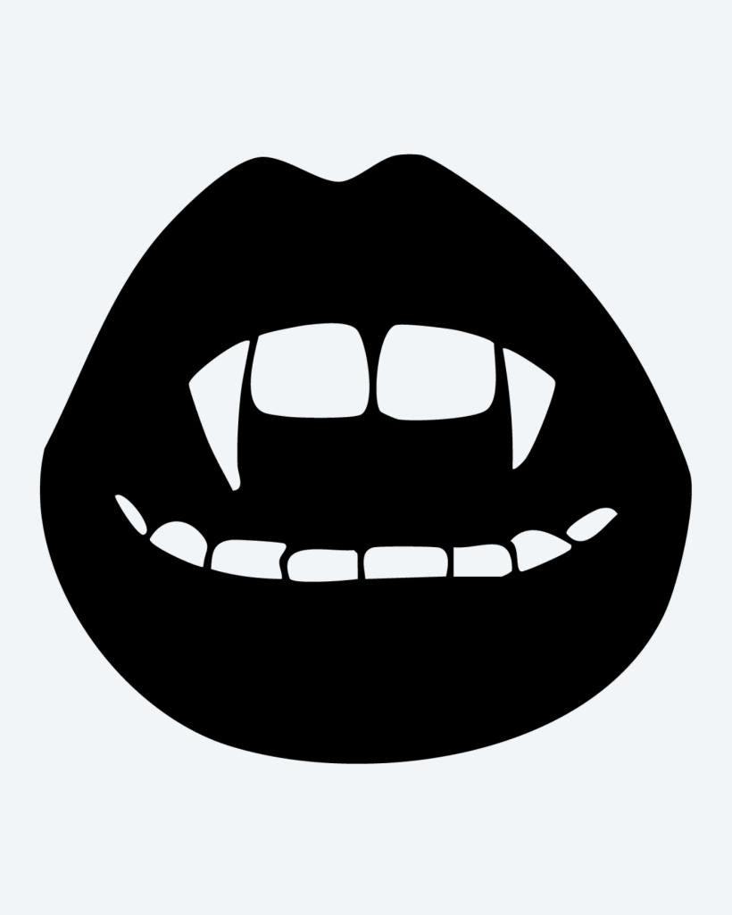Vampire Lips semi-permanent tattoo design by INKON – open, lips, revealing, sharp, vampire illustration, 2 x 2 in (5x5cm), available at inkon.co
