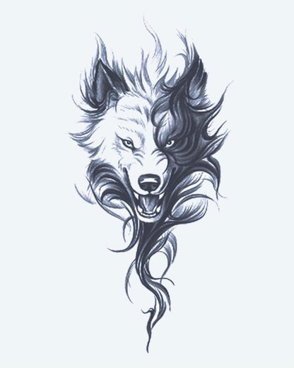 Fierce Wolf semi-permanent tattoo design by INKON – snarling, wolf, head, wild, flowing illustration, 4 x 7 in (10x17cm), available at inkon.co