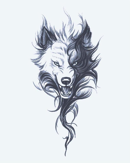 Fierce Wolf semi-permanent tattoo design by INKON – snarling, wolf, head, wild, flowing illustration, 4 x 7 in (10x17cm), available at inkon.co