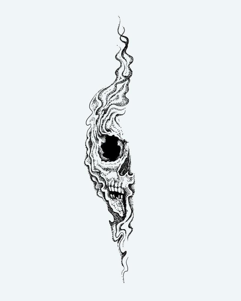 Smoke Skull semi-permanent tattoo design by INKON – haunting, screaming, skull, dissolving, wisps illustration, 8 x 20 in (20x50cm), available at inkon.co