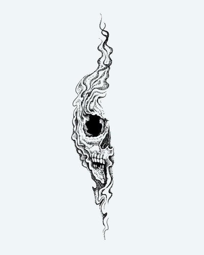 Smoke Skull semi-permanent tattoo design by INKON – haunting, screaming, skull, dissolving, wisps illustration, 8 x 20 in (20x50cm), available at inkon.co