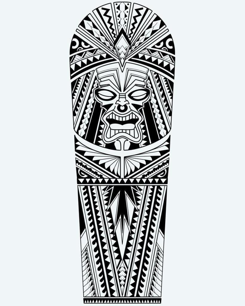 Polynesian Tiki Warrior semi-permanent tattoo design by INKON – imposing, polynesian, tiki, warrior, mask illustration, 8 x 20 in (20x50cm), available at inkon.co