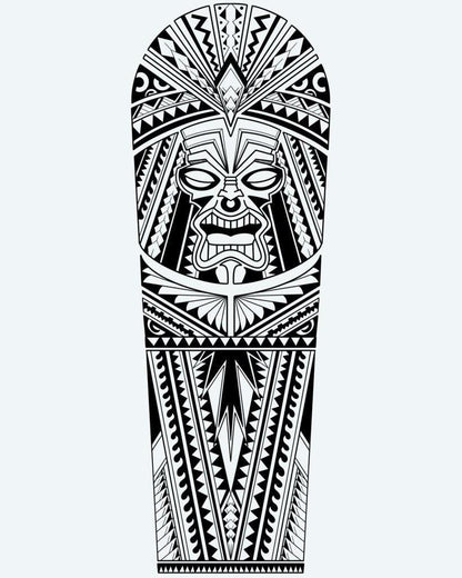 Polynesian Tiki Warrior semi-permanent tattoo design by INKON – imposing, polynesian, tiki, warrior, mask illustration, 8 x 20 in (20x50cm), available at inkon.co