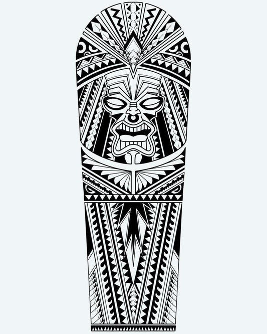 Polynesian Tiki Warrior semi-permanent tattoo design by INKON – imposing, polynesian, tiki, warrior, mask illustration, 8 x 20 in (20x50cm), available at inkon.co