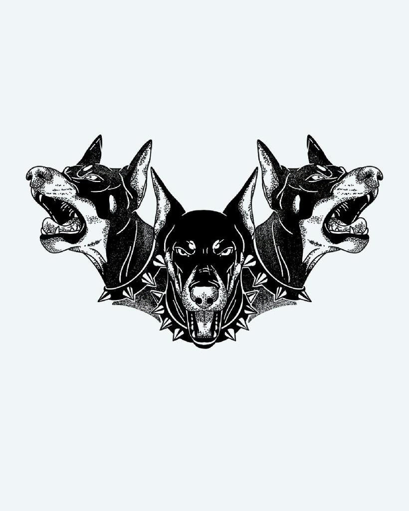 Cerberus Triple Doberman semi-permanent tattoo design by INKON – three, snarling, doberman, heads, mythical illustration, 4 x 4 in (9x9cm), available at inkon.co