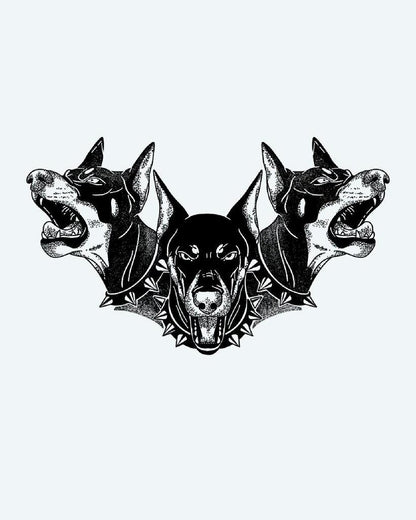 Cerberus Triple Doberman semi-permanent tattoo design by INKON – three, snarling, doberman, heads, mythical illustration, 4 x 4 in (9x9cm), available at inkon.co