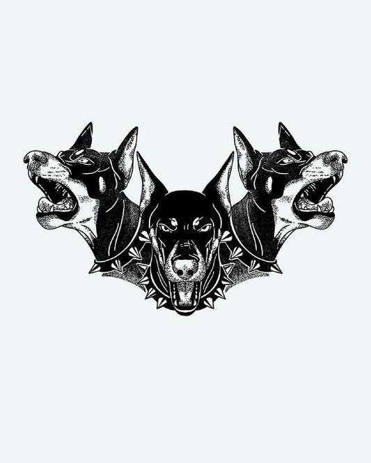 Cerberus Triple Doberman semi-permanent tattoo design by INKON – three, snarling, doberman, heads, mythical illustration, 4 x 4 in (9x9cm), available at inkon.co