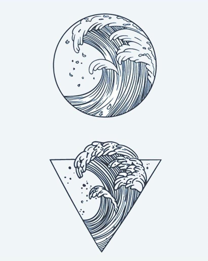Ocean Waves semi-permanent tattoo design by INKON – japanese, ocean, waves, enclosed, circle illustration, 4 x 7 in (10x17cm), available at inkon.co