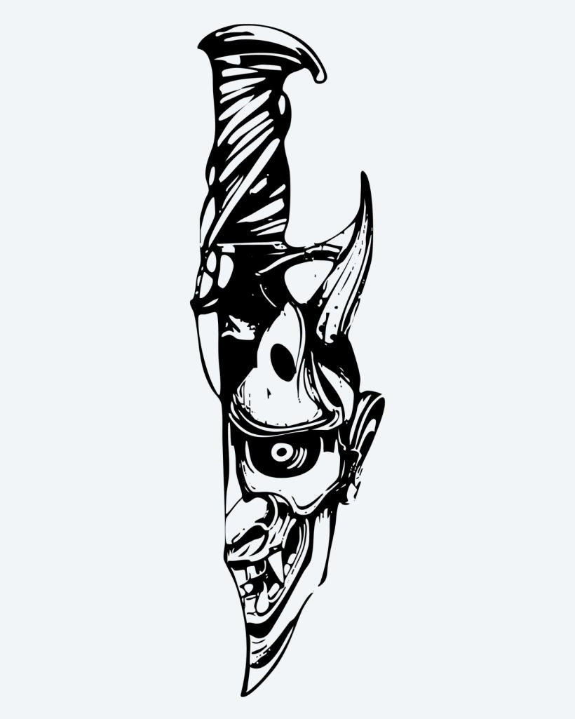 Hannya & Knife semi-permanent tattoo design by INKON – japanese, hannya, mask, merged, knife illustration, 4 x 8 in (11x21cm), available at inkon.co