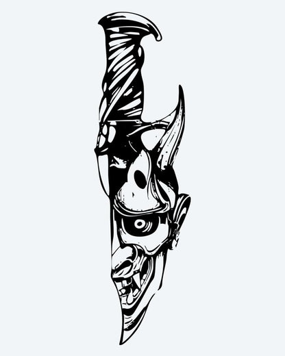 Hannya & Knife semi-permanent tattoo design by INKON – japanese, hannya, mask, merged, knife illustration, 4 x 8 in (11x21cm), available at inkon.co