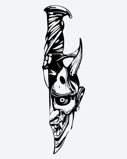 Hannya & Knife semi-permanent tattoo design by INKON – japanese, hannya, mask, merged, knife illustration, 4 x 8 in (11x21cm), available at inkon.co