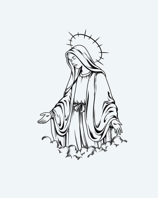 Holy Mother semi-permanent tattoo design by INKON – fine, line, blackwork, portrays, virgin illustration, 4 x 7 in (10x17cm), available at inkon.co