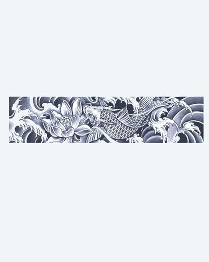 Koi Fish & Lotus Waves semi-permanent tattoo design by INKON – japanese, horizontal, band, fish, swimming illustration, 2 x 9 in (5x23cm), available at inkon.co