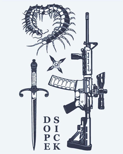 Weapons & Centipede Flash Sheet semi-permanent tattoo design by INKON – flash, sheet, centipede, dagger, rifle illustration, 4 x 7 in (10x17cm), available at inkon.co